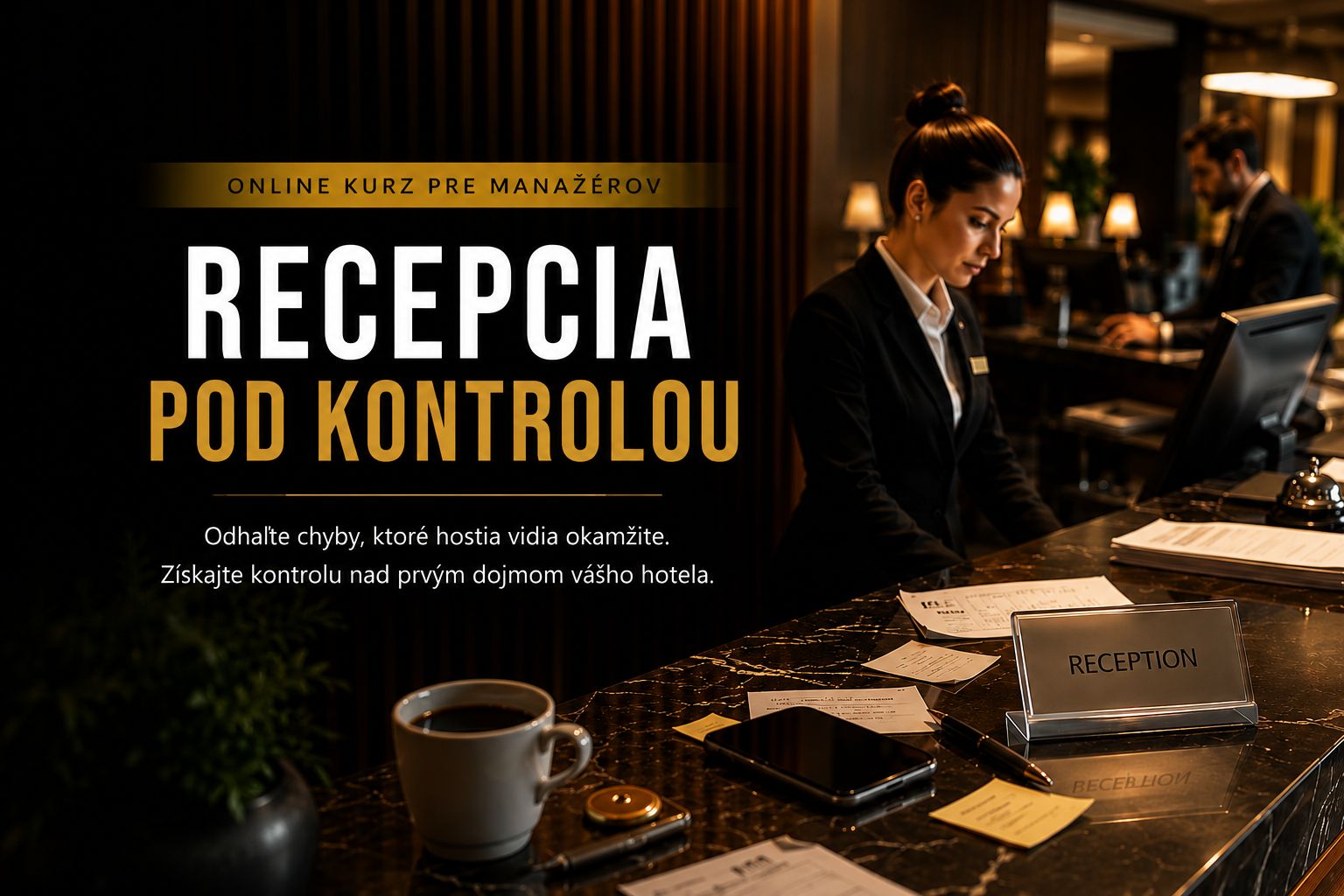 Profesionálna hotelová recepcia s dôrazom na kontrolu detailov, prvý dojem hostí a profesionálny check-in v online kurze Recepcia pod kontrolou