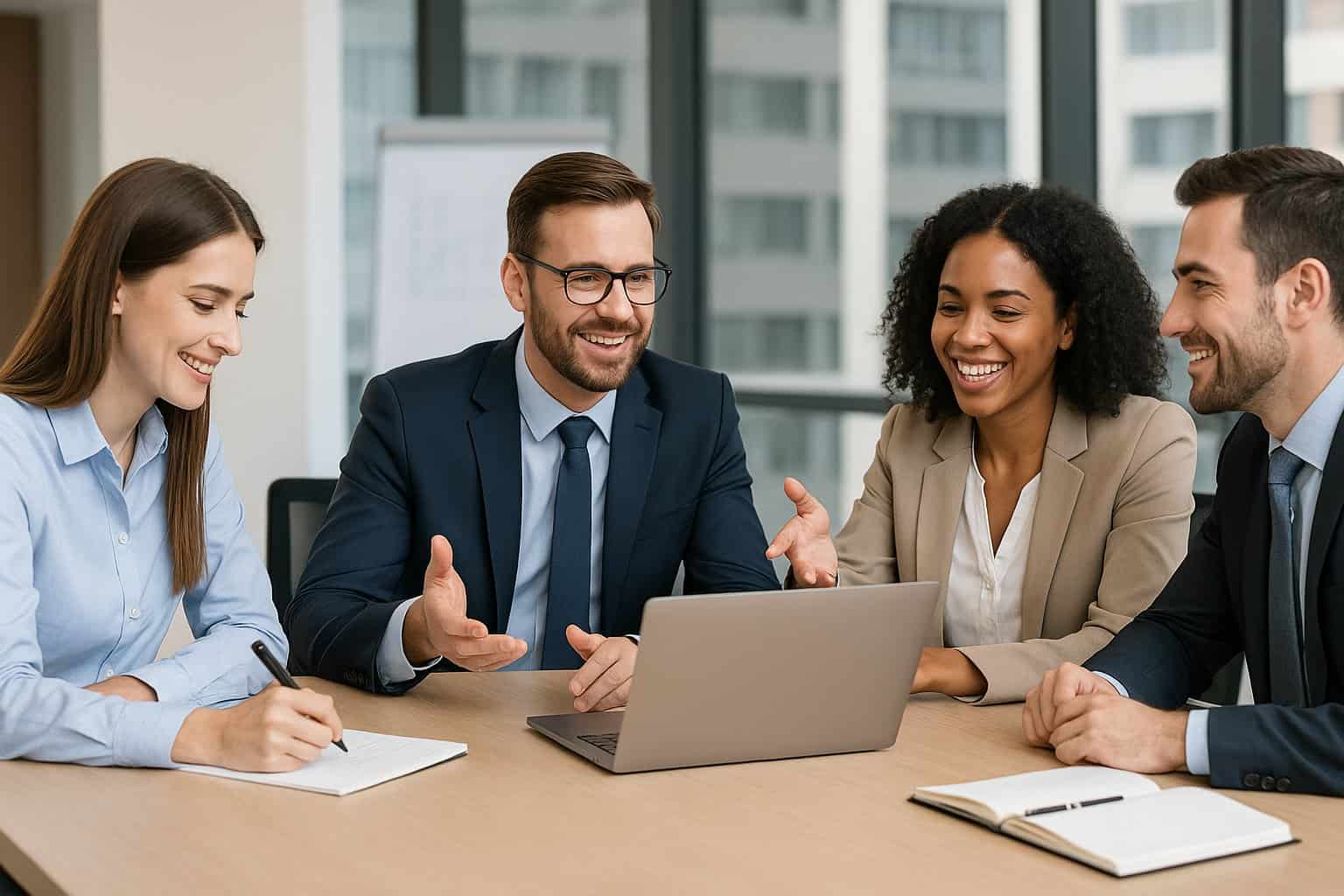 Manažér sedí s tímom okolo stola