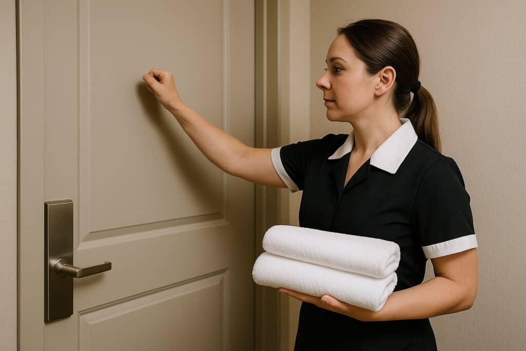 Hotelová chyžná klope na dvere izby s uterákmi v ruke.