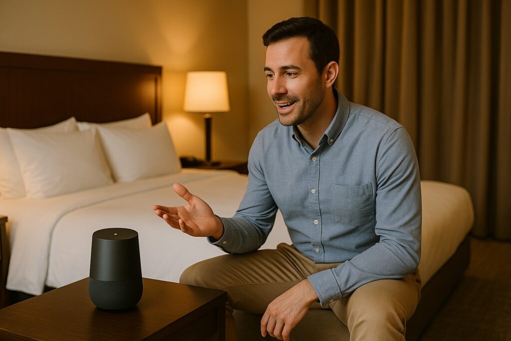 Hosť sa rozpráva s google alexou v hotelovej izbe a služby v hotelierstve, ktoré zvyšujú zážitok hostí