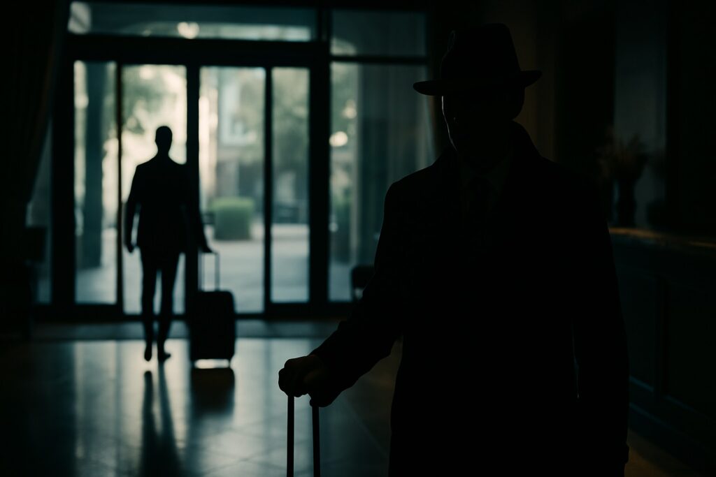 Silhouette muža s kufrom v hotelovom lobby, pôsobiaceho ako tajný detektív, so silným kontrastom medzi tmavými obrysmi a svetlom z veľkých sklenených dverí na pozadí.