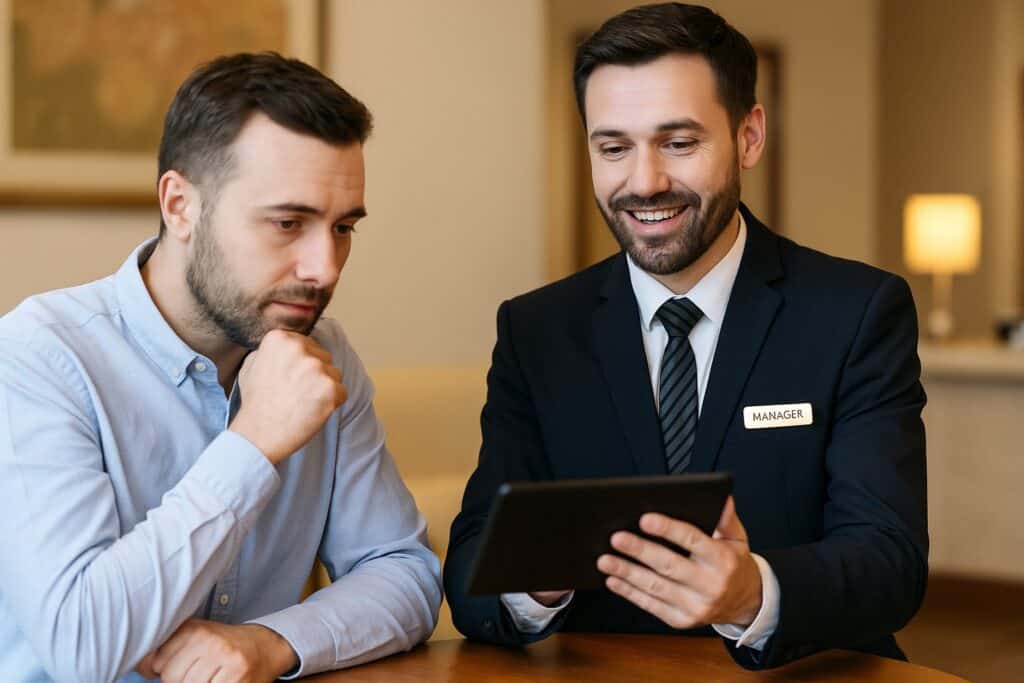 Čo povedať, keď nemáte to, čo zákazník chce. Manažér vysvetľuje klientovi nové riešenie.