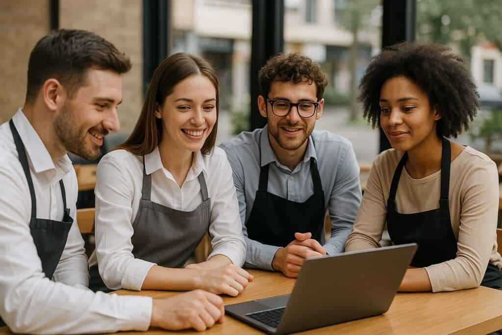 Zamestnanci reštaurácie sedia spolu pri stole a sledujú online kurz na notebooku ako súčasť elearning školenia tímu.