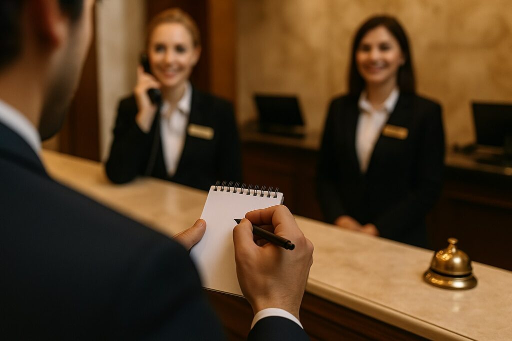 Pohľad cez rameno mystery shoppera, ktorý si robí poznámky na blok, zatiaľ čo recepčné v uniforme sa usmievajú za recepčným pultom v hotelovej lobby