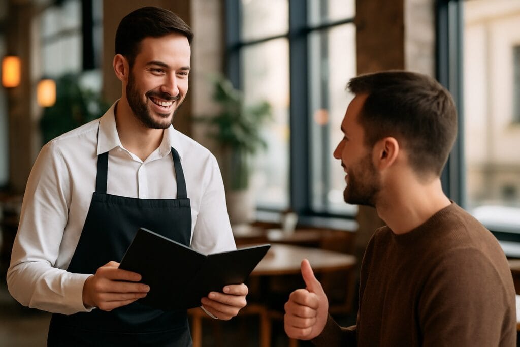 Čo povedať, keď nemáte to, čo zákazník chce. Usmievavý čašník ponúka hosťovi alternatívu jedálneho lístka, hosť súhlasí a ukazuje palec hore v reštaurácii.