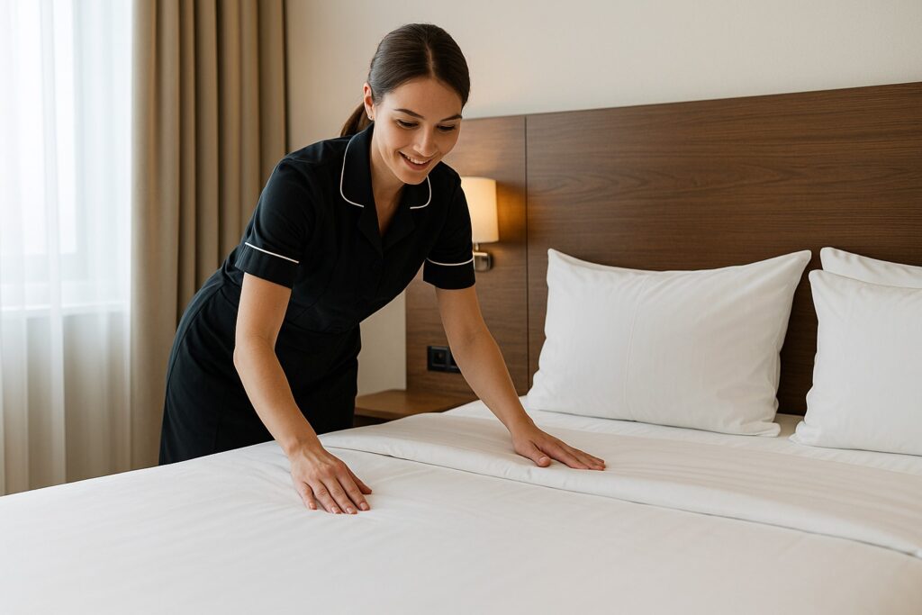 Dokonalý sprievodca hotelovej prevádzky. Chyžná v tmavej uniforme starostlivo upravuje bielu posteľ v hotelovej izbe s dreveným čelom postele, denným svetlom a decentným osvetlením.