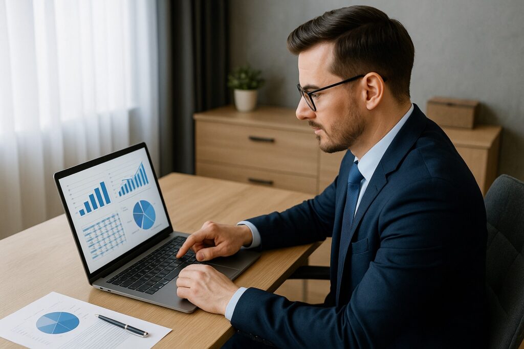 Hotelový manažér v obleku analyzuje grafy a tabuľky výnosov na notebooku v moderne zariadenej kancelárii s denným svetlom a neutrálnym interiérom.