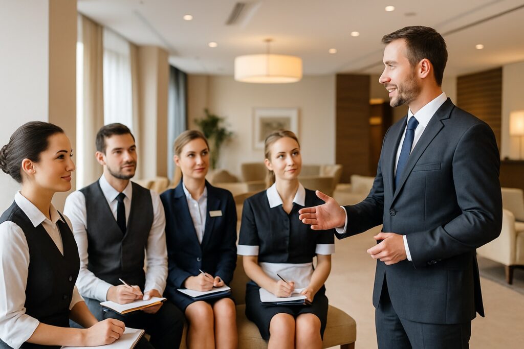 Dokonalý sprievodca hotelovej prevádzky. Hotelový manažér vedie školenie tímu zamestnancov v hotelovej lobby, pričom personál v uniformách si zapisuje poznámky a sústredene počúva.