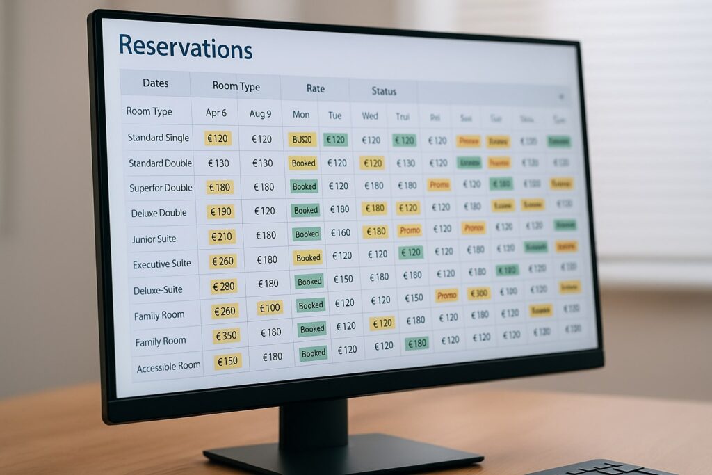 Monitor zobrazuje hotelový rezervačný systém s prehľadom cien, typov izieb a obsadenosti počas týždňa v rôznych farebných stavoch – rezervované, dostupné a promo.