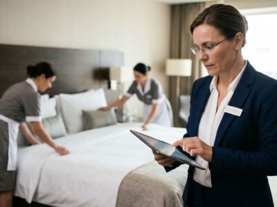 Manažérka hotela s tabletom dohliada na housekeeping tím, ktorý upravuje posteľ v modernej hotelovej izbe.