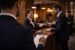 Hotelový manažér sleduje kvalitu služieb a audit recepcie v hotelovej lobby