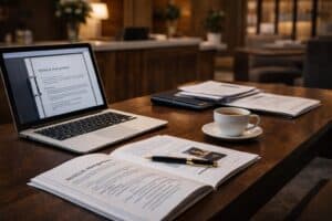 Praktické manuály a dokumenty pre hotelový manažment na pracovnom stole