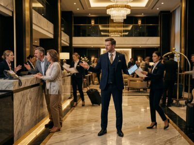 Ako zvládnuť chaos v hoteli a nezblázniť sa (Systém 70–20–10). Hotelový manažér rieši sťažnosti hostí a koordinuje tím počas rušnej situácie na recepcii v luxusnom hoteli