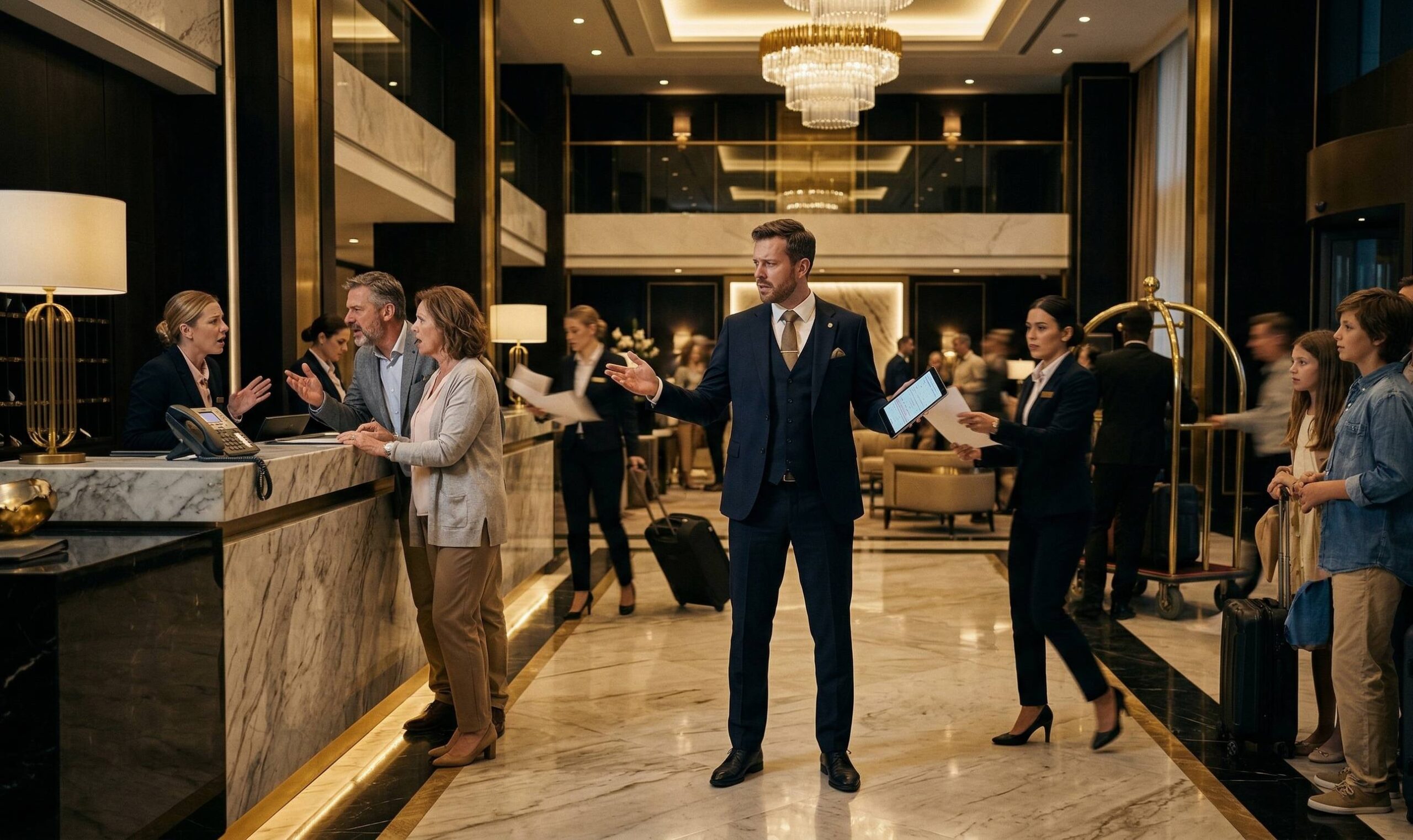 Ako zvládnuť chaos v hoteli a nezblázniť sa (Systém 70–20–10). Hotelový manažér rieši sťažnosti hostí a koordinuje tím počas rušnej situácie na recepcii v luxusnom hoteli