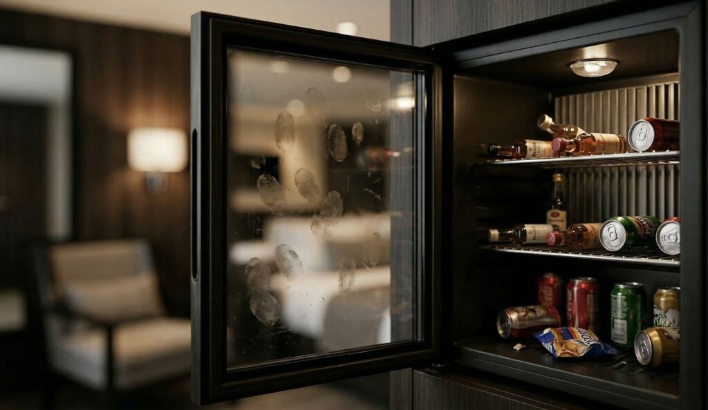 chyby v housekeepingu – špinavý minibar a odtlačky na skle v hotelovej izbe