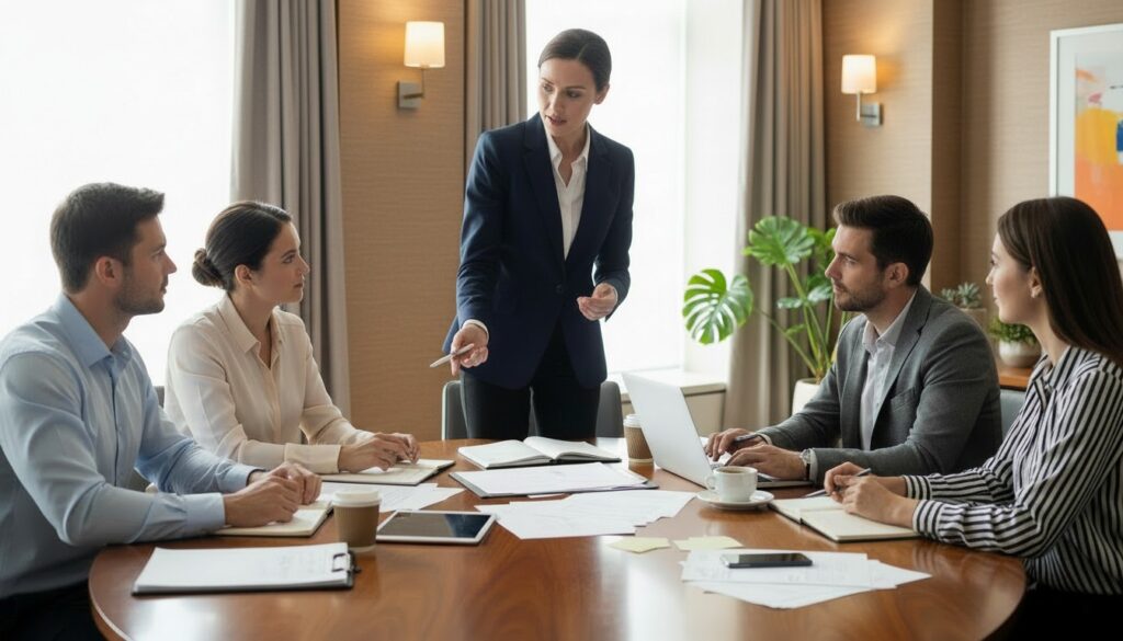 Manažér vedie pracovnú poradu tímu v hoteli počas plánovania úloh a operatívy