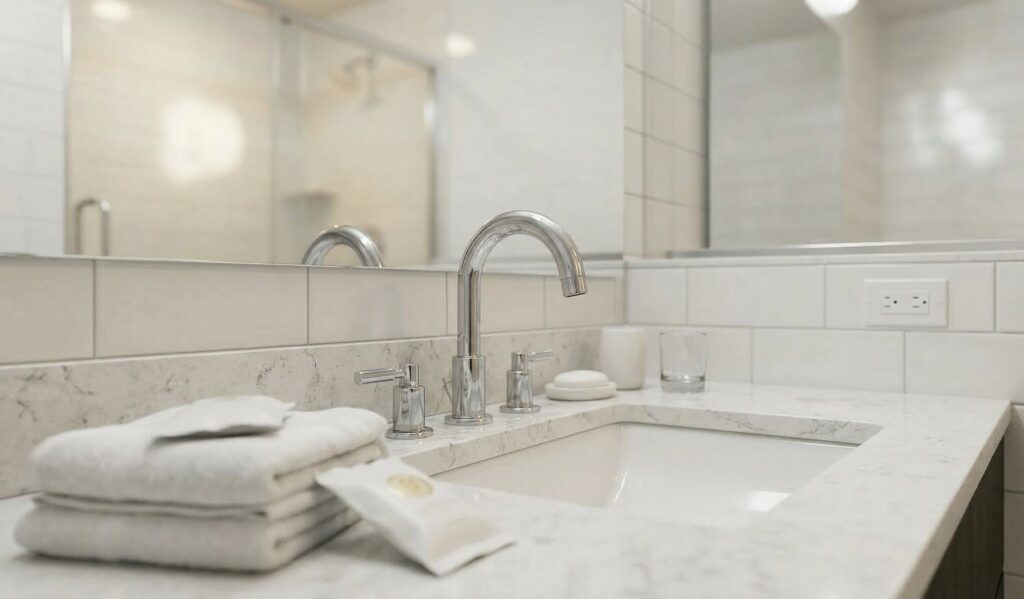 Profesionálna fotografia hotelovej kúpeľne s čistým mramorovým pultom a nerezovou batériou.