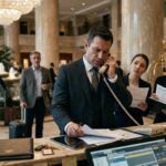 Hotelový manažér zahltený úlohami na recepcii, tím čaká na pokyny – ukážka slabého delegovania v hoteli