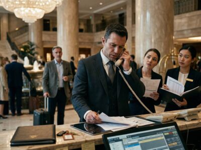 Hotelový manažér zahltený úlohami na recepcii, tím čaká na pokyny – ukážka slabého delegovania v hoteli