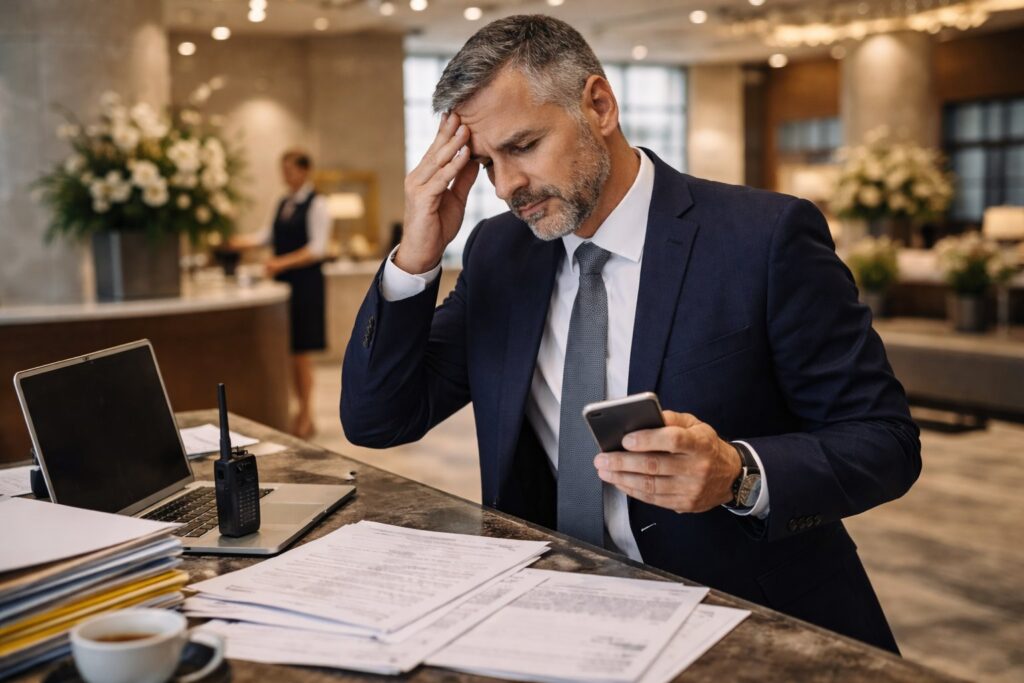 manažér hotela rieši operatívne problémy a administratívu počas náročnej prevádzky