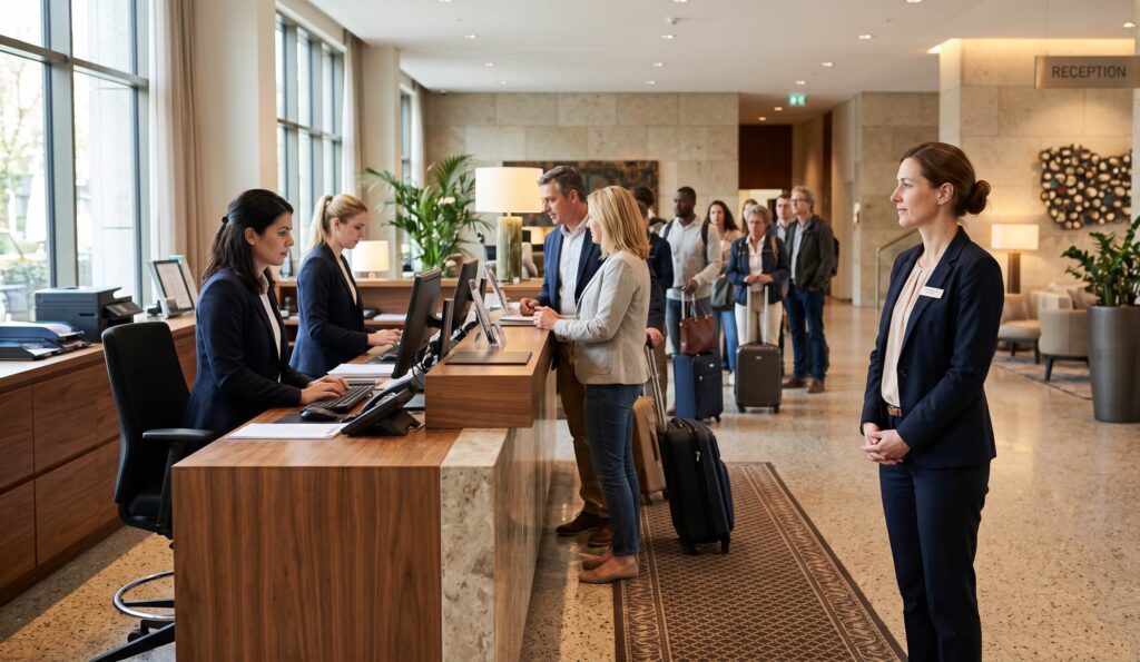 recepcia hotela počas check-inu s čakajúcimi hosťami a manažérkou sledujúcou chod prevádzky
