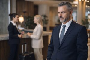 Manažér sa prechádza po lobby a kontroluje hotelovú prevádzku