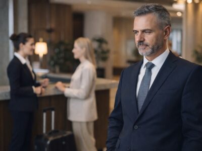 Manažér sa prechádza po lobby a kontroluje hotelovú prevádzku