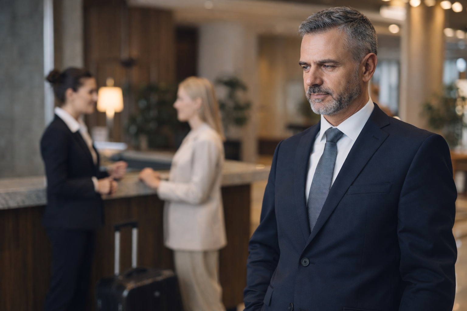 Manažér sa prechádza po lobby a kontroluje hotelovú prevádzku