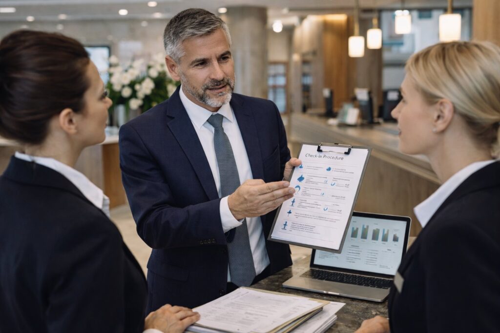 manažér hotela vysvetľuje procesy a systém riadenia tímu na recepcii